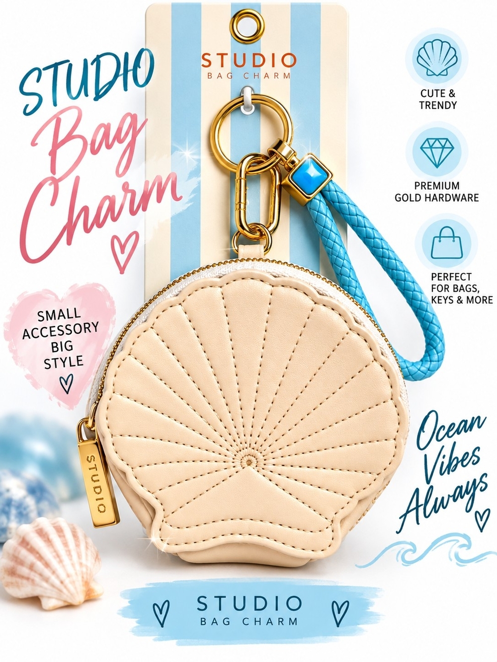 Seashell Coin Purse Bag Charm Keychain Blue Wristlet NWT - Picture 6 of 6